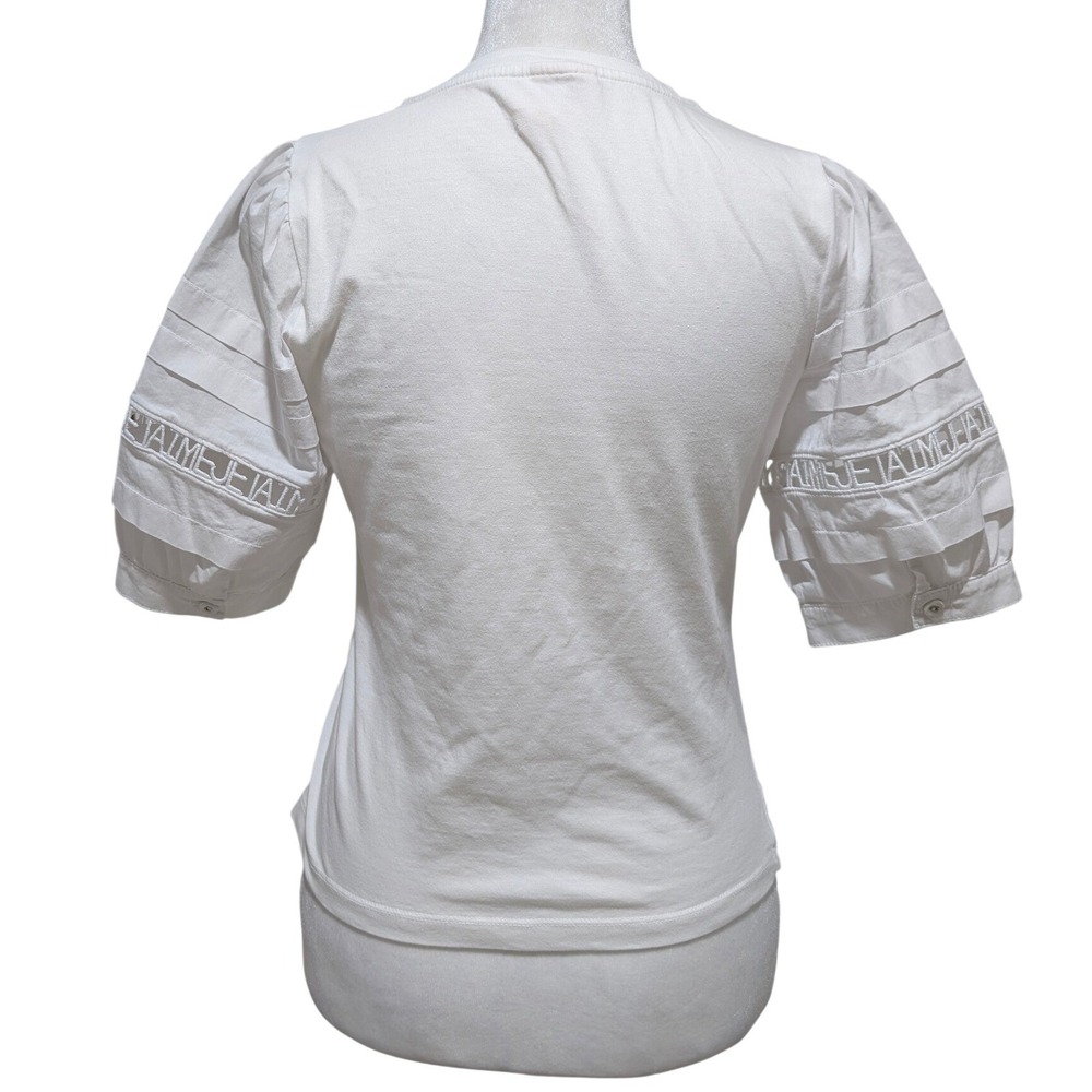 Cinq a Sept Corianna Puff Pleated Sleeve Je Taime Embroidered Tee White Small - Picture 5 of 10